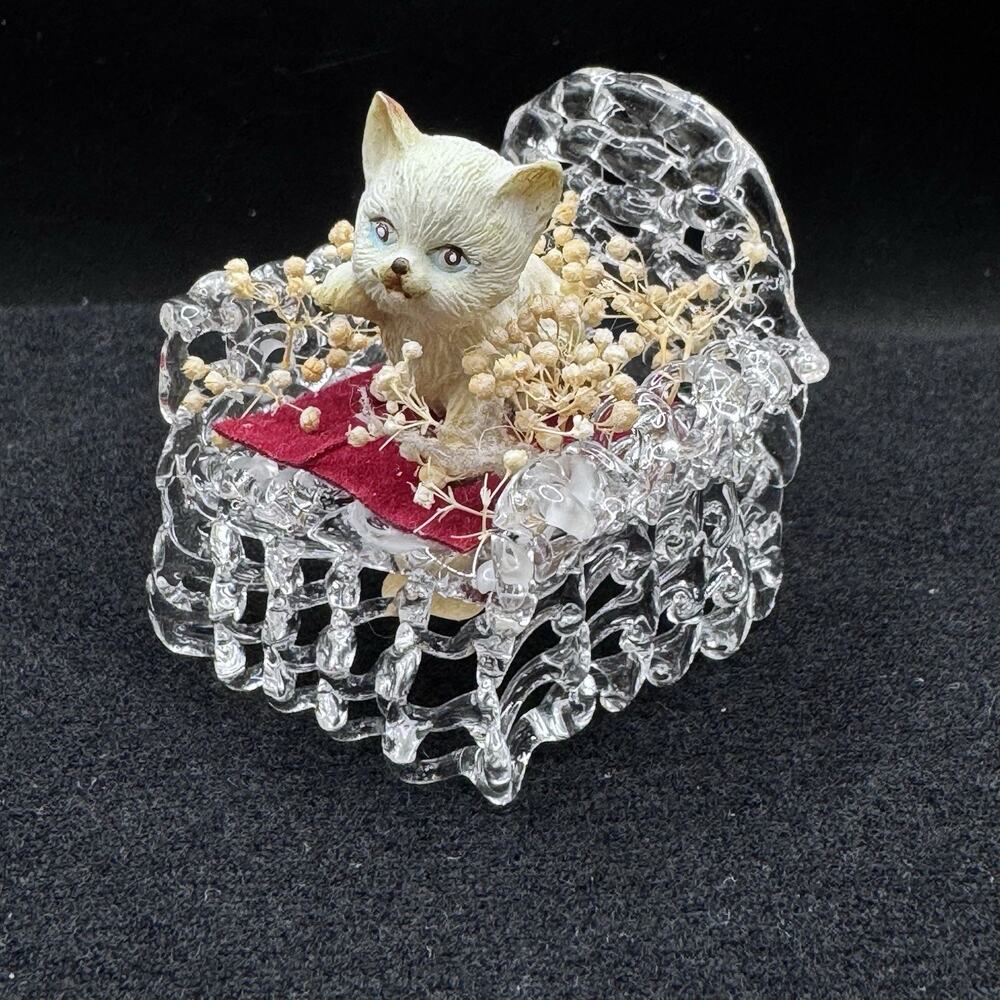 Vintage Clear Spun Glass Cat on Chair Figurine Delicate Handcrafted Glass Art